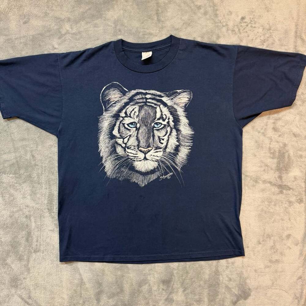Jerzees Sue Chaffee White Tiger Graphic T-Shirt XL Navy Blue